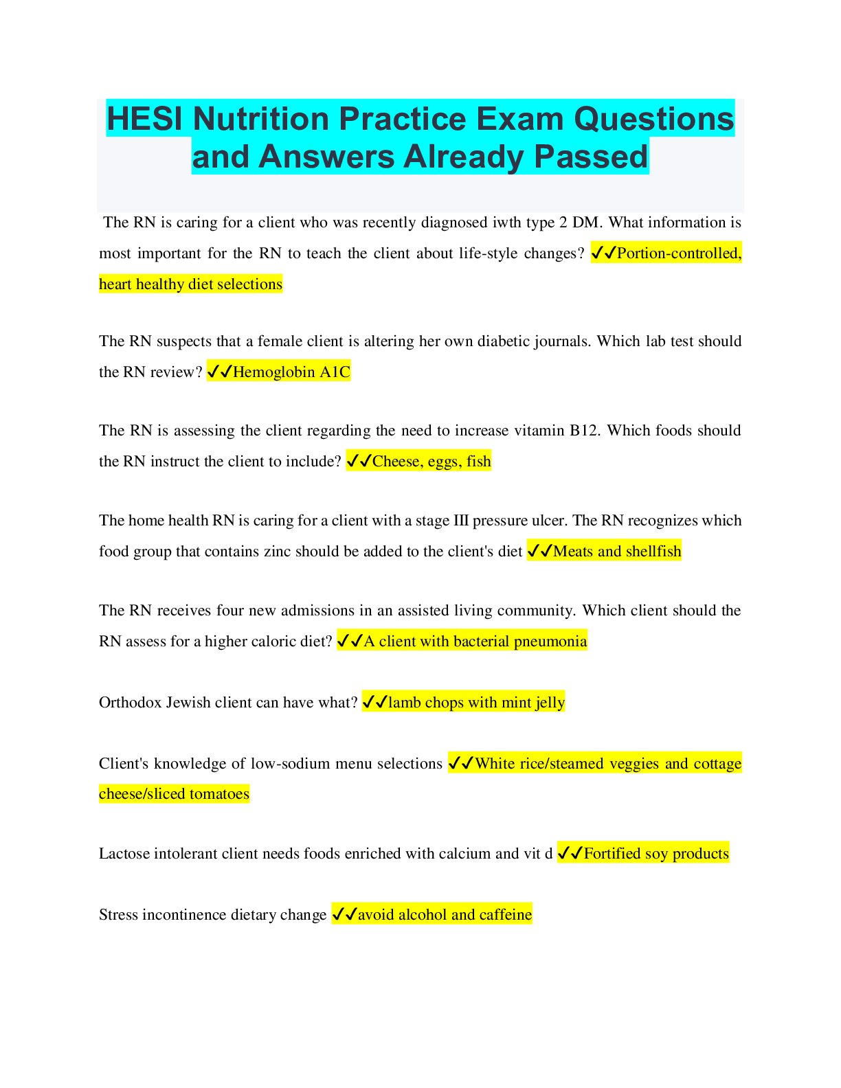Preview of HESI Nutrition Practice Exam Questions and Answers Already Passed